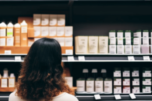 a person shopping for eco-friendly beauty products in a health food store