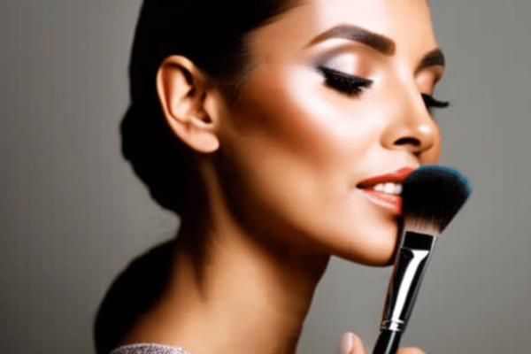 a woman applying a light contouring product with a makeup brush to her cheekbones.
