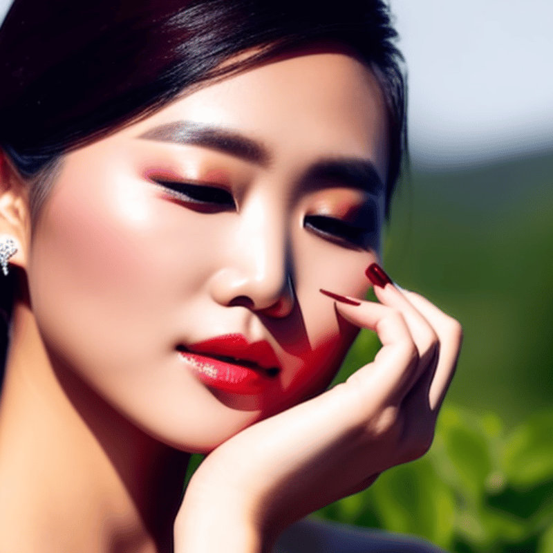 a woman's face with bright, glowing skin and Korean-inspired nature makeup look