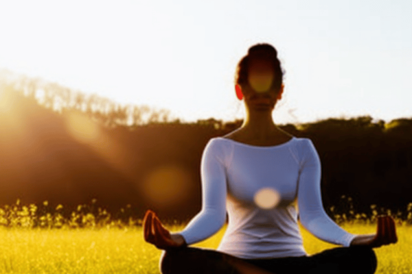 A person meditating outdoors in a sunny field, with a close up of their glowing skin