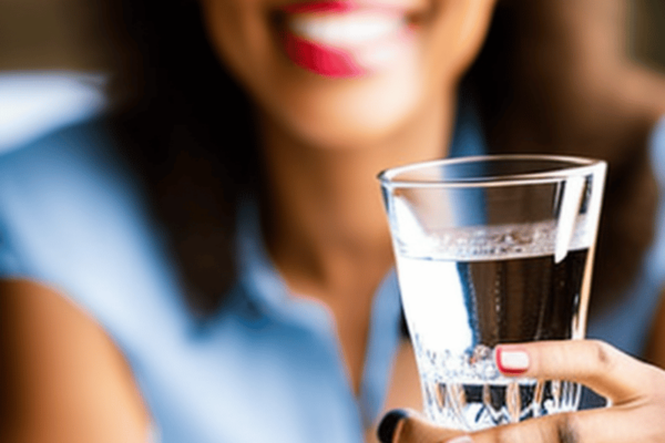 a person drinking a glass of water with a big smile
