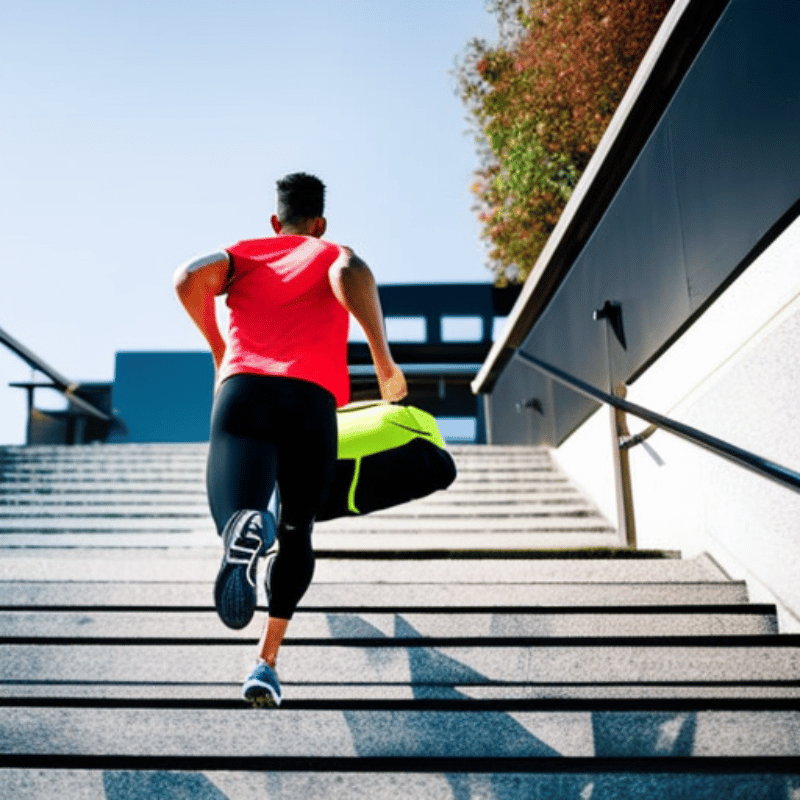 A person running up a set of stairs with a gym bag in hand