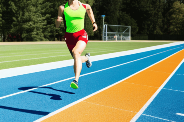 An athlete running on a track with a plate of healthy food in the foreground