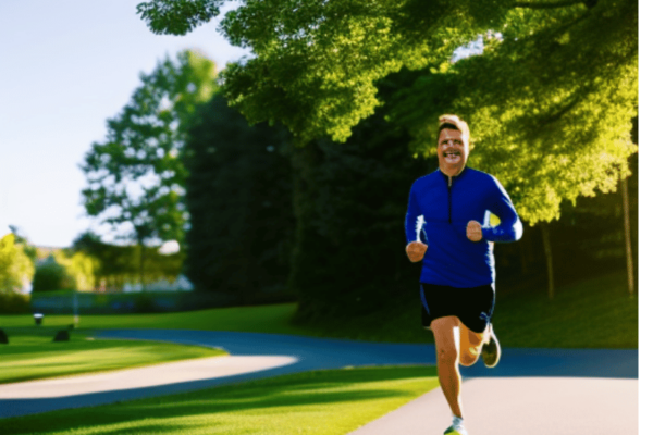 A person running outdoors in a park with a big smile on their face