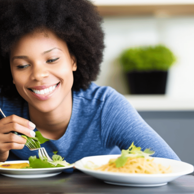 a person eating a healthy meal, with a smile on their face