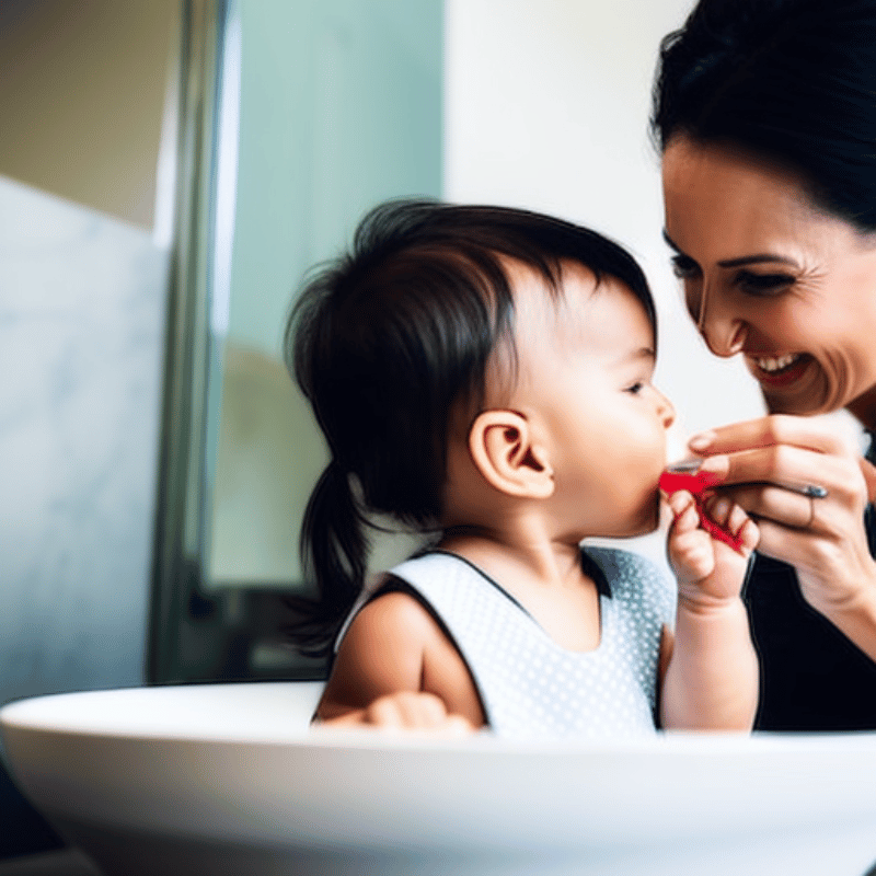 Image of a mother and young child brushing their teeth together in the bathroom