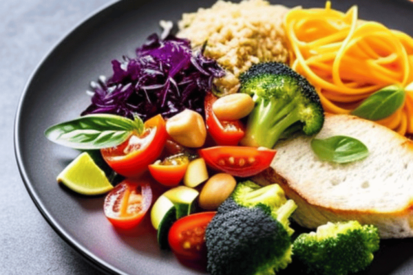 A close up of a colorful plate of food with a variety of different dietary options, to show the variety of diets
