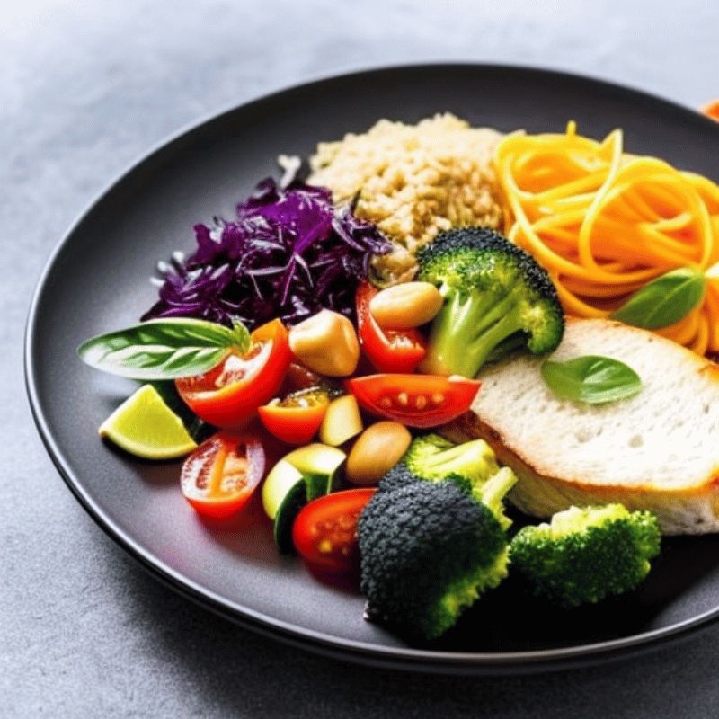 A close up of a colorful plate of food with a variety of different dietary options, to show the variety of diets