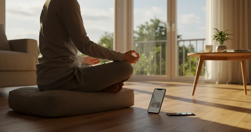 Person meditating on a cushion in a sunlit room with smartphone placed face-down nearby, illustrating the balance between technology-supported and traditional mindfulness practices.