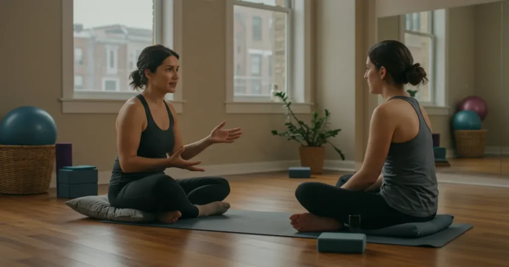 Moving for Joy: Movement instructor with welcoming expression answering questions from student in comfortable setting, representing accessible guidance for beginning a joyful movement practice.