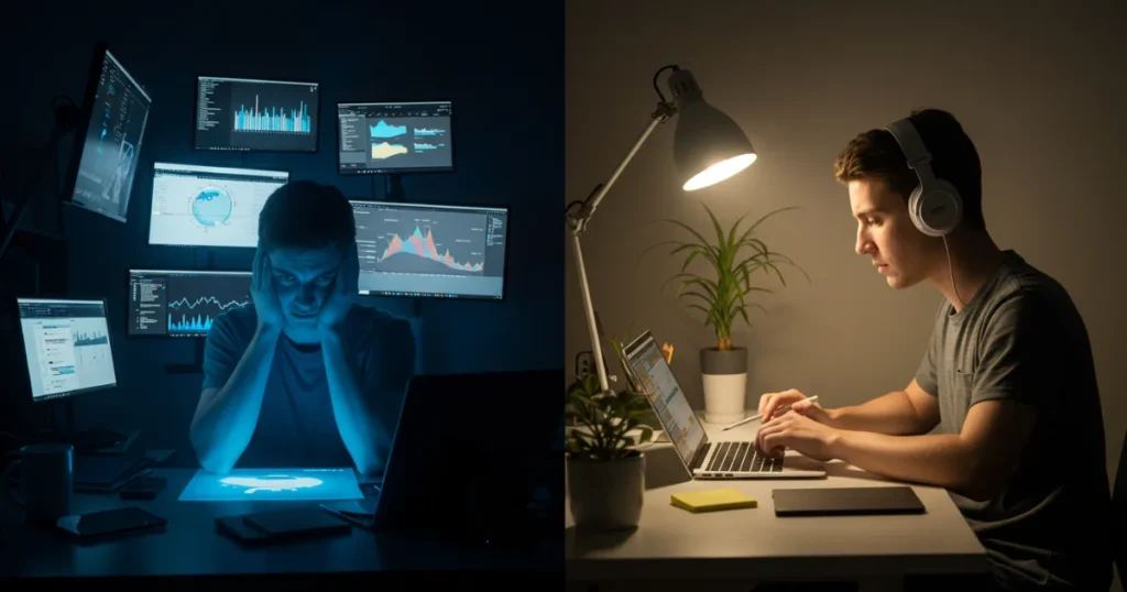 Comparison showing contrast between digital overwhelm with multiple screens and mindful technology use with focused attention and natural elements.