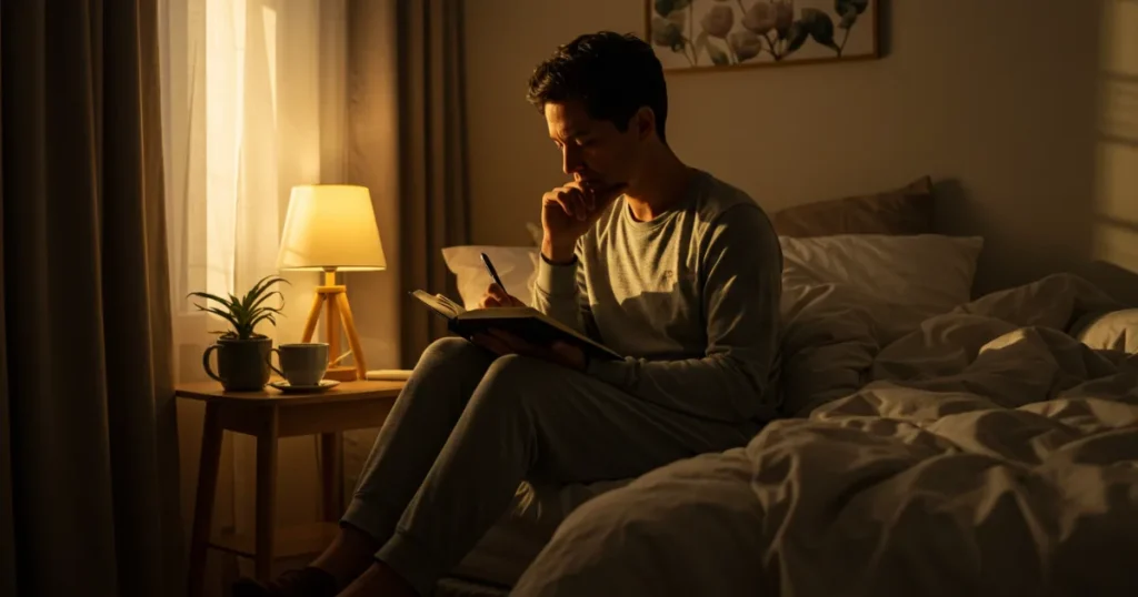 Person practicing evening mindfulness ritual, sitting on bed in warm lighting while journaling about their day's experiences - writing down positive moments, acknowledging challenges with compassion, and releasing tomorrow's worries before sleep, embodying the peaceful transition from wakefulness to rest