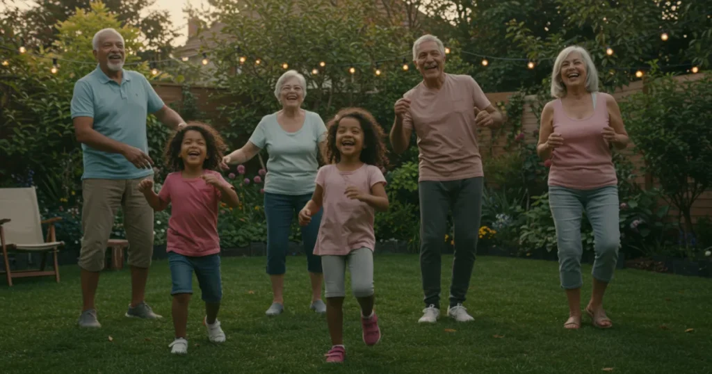 Moving for Joy: Multi-generational family enjoying playful movement together in backyard setting, demonstrating the social dimension of joyful movement.