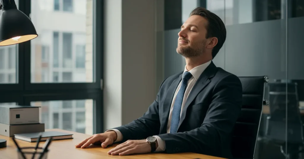 A businessperson with closed eyes taking a mindful pause at their desk, demonstrating workplace mindfulness practice in a modern office environment with natural lighting.