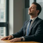 A businessperson with closed eyes taking a mindful pause at their desk, demonstrating workplace mindfulness practice in a modern office environment with natural lighting.