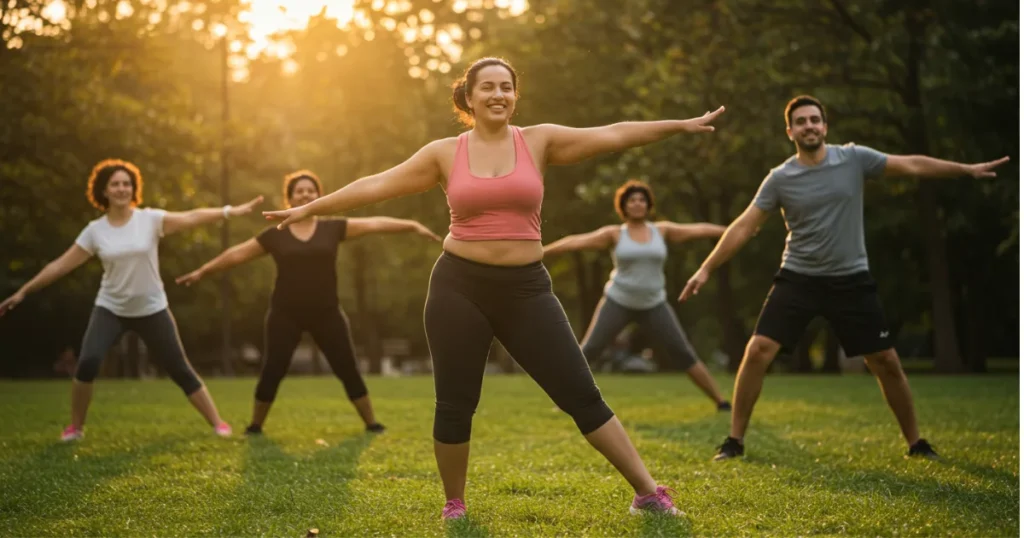 Diverse group engaging in gentle movement activities outdoors during golden hour, demonstrating inclusive and joyful approach to physical wellbeing.