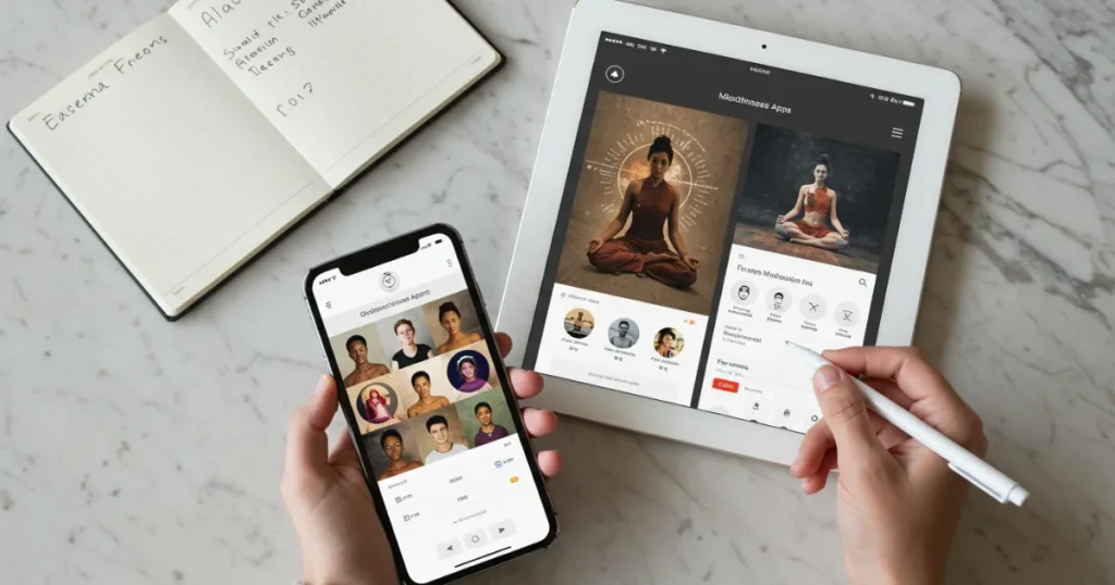 Person comparing different mindfulness app subscription plans on a smartphone and tablet, with a notebook for taking notes about features and pricing options.