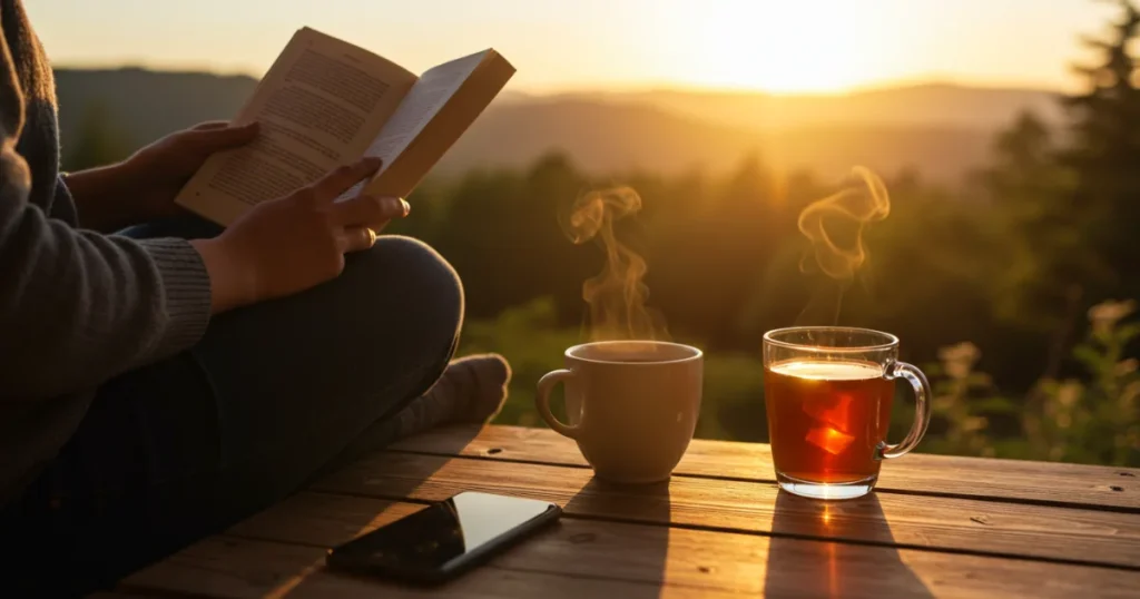 Digital Detox: Individual experiencing digital detox in natural setting with smartphone intentionally put away, showing key mindfulness practice for technology balance.