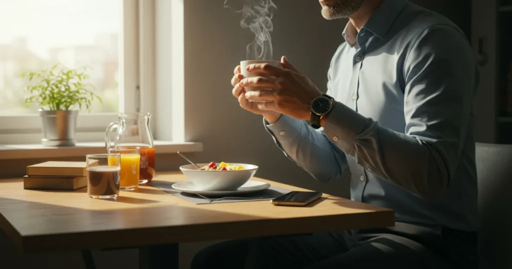Business professional practicing mindful eating during morning breakfast routine, demonstrating intentional start to workday without digital distractions