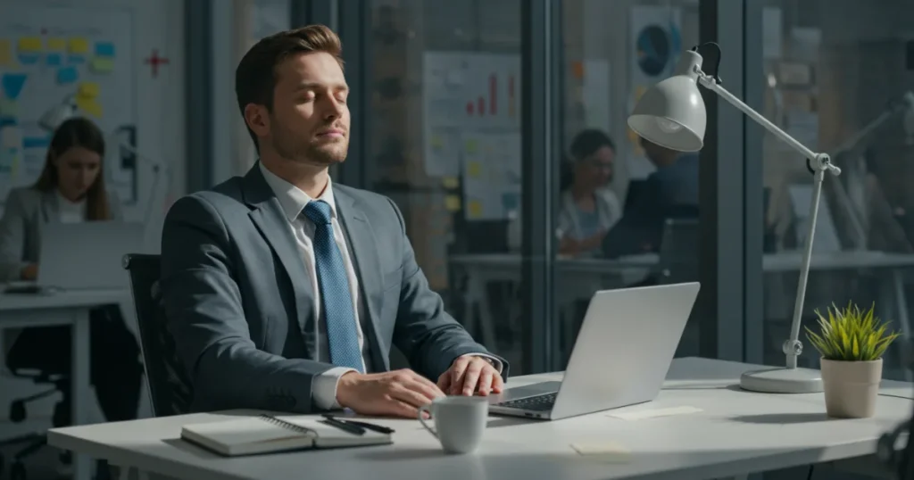 Professional practicing 5-minute mindfulness meditation at desk during busy workday, demonstrating workplace stress reduction techniques for better focus and wellbeing