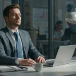 Professional practicing 5-minute mindfulness meditation at desk during busy workday, demonstrating workplace stress reduction techniques for better focus and wellbeing