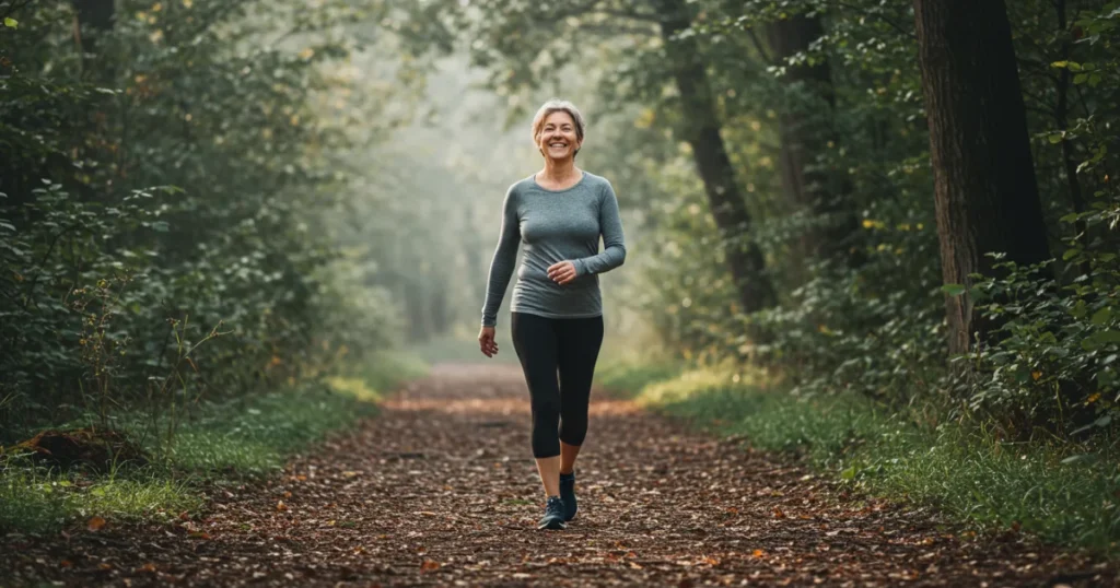 Moving for Joy: Person walking mindfully on woodland trail with serene expression, demonstrating the pleasure-over-performance principle of joyful movement.