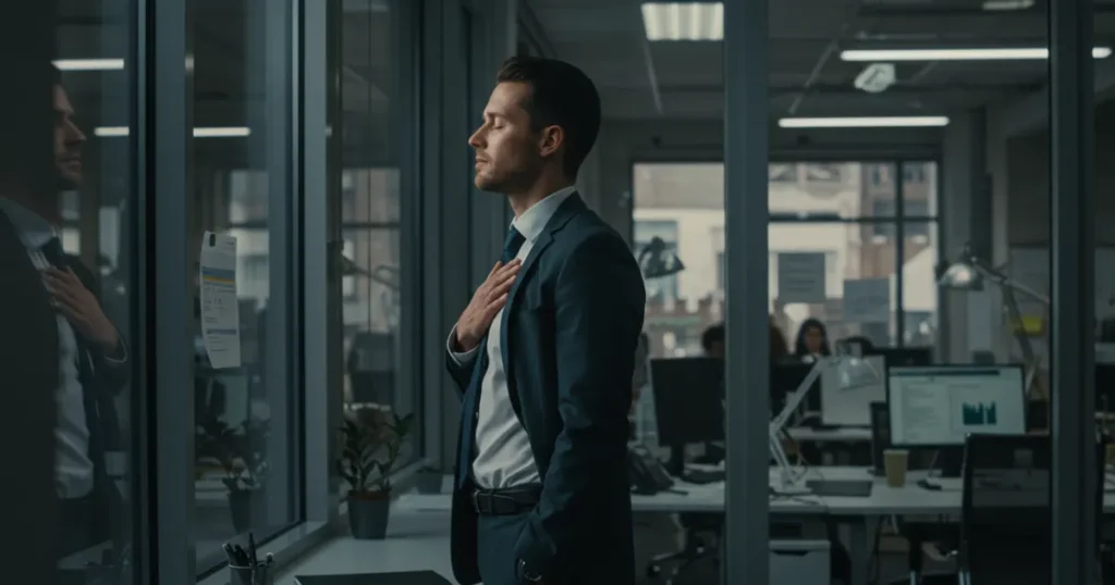 Executive implementing STOP mindfulness technique during stressful workday, demonstrating effective 1-minute stress reduction practice for professionals