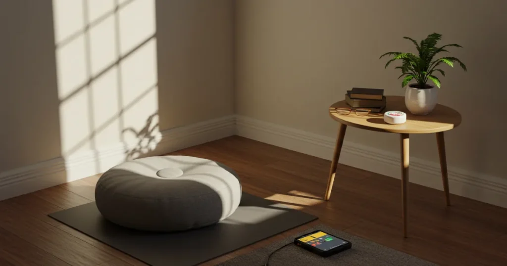 Simple Meditation for Beginners: Minimalist home meditation space with essential elements for beginners, showing accessible setup in normal living environment.