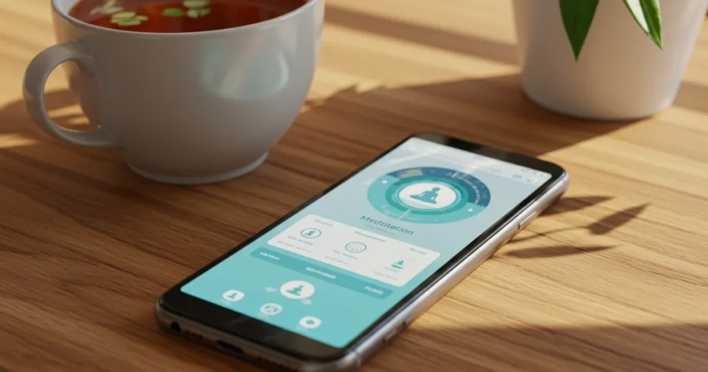 A smartphone displaying a meditation app interface on a wooden desk with a cup of tea and small plant, showing how technology can support mindfulness practices.