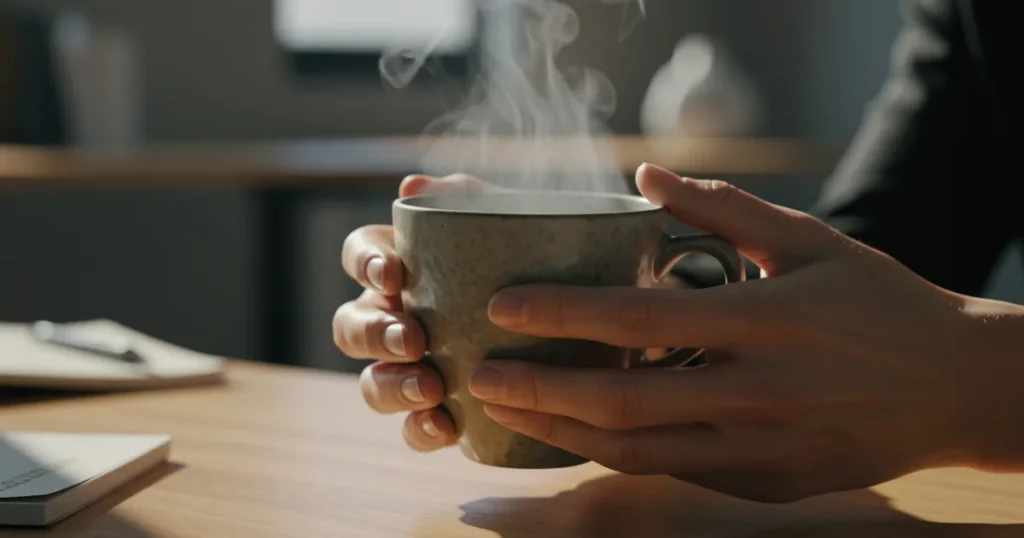 Morning Ritual: Hands holding a steaming cup of tea or coffee in a workspace, demonstrating the mindful sip practice with steam rising from the beverage and soft natural lighting.