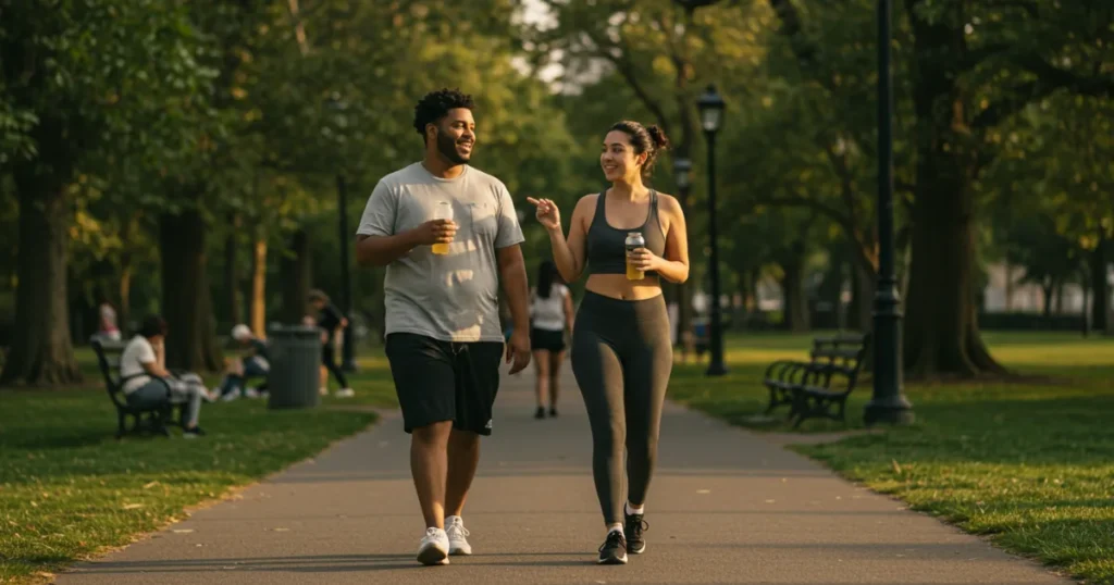 Moving for Joy: Two friends of different body types enjoying a social walking conversation in an urban park, highlighting walking as universal movement.