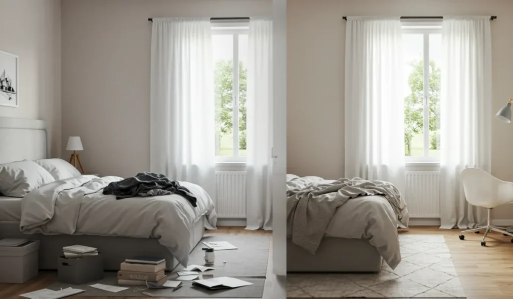 Dramatic decluttering transformation showing how organization creates restful spaces for peace and calm