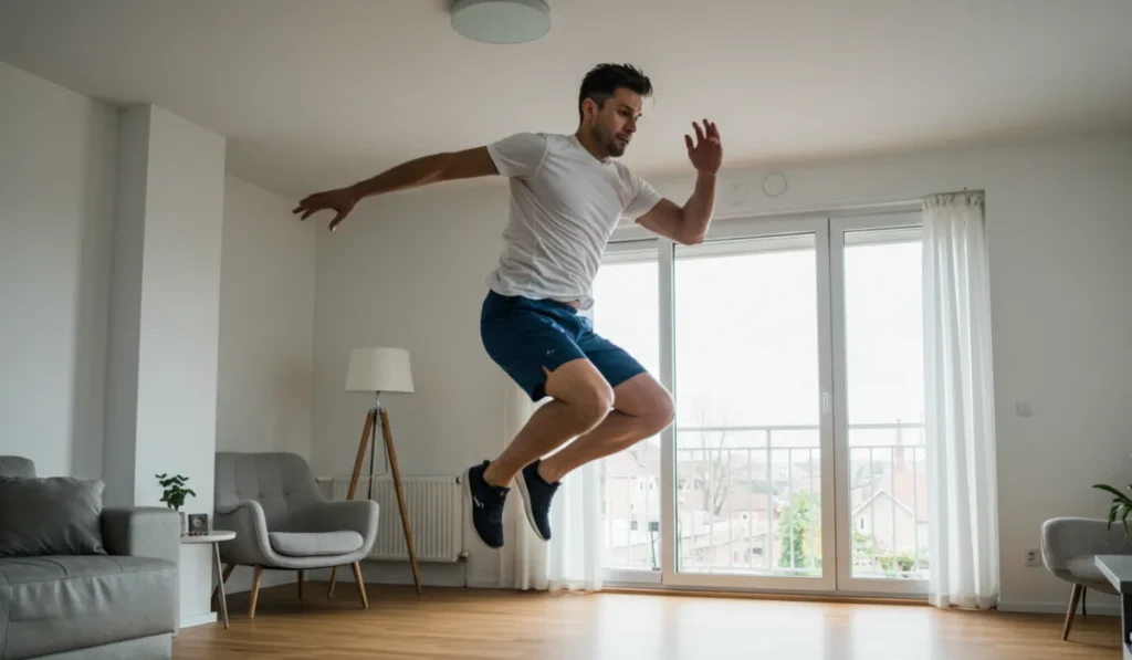 No-Equipment Home Workouts: Energetic man doing jumping jacks in modern home for high energy workout without equipment