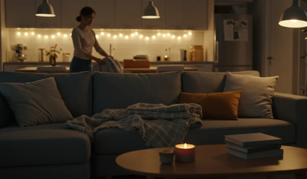 Evening reset routine showing how to maintain restful spaces for continued peace and organization