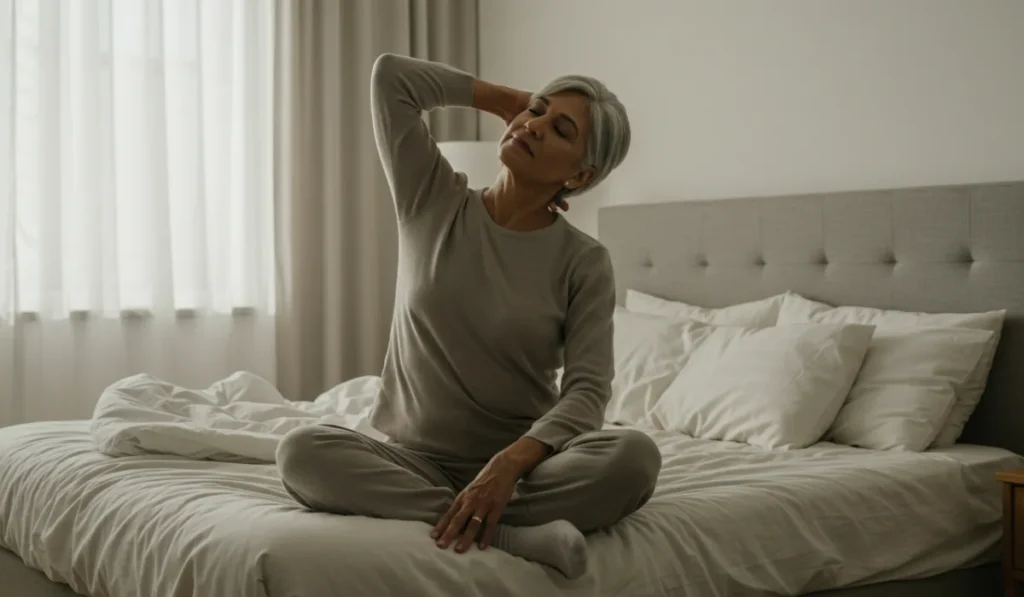 Person doing gentle neck stretches in bedroom for low energy movement routine