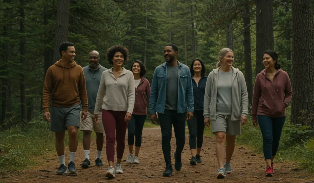Diverse group experiencing nature walks benefits for stress relief and mental health in pine forest