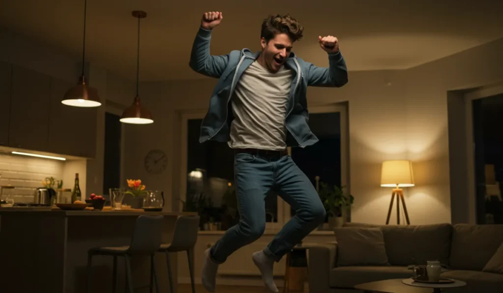Man dancing energetically in kitchen area for evening stress relief and mood boost through home movement