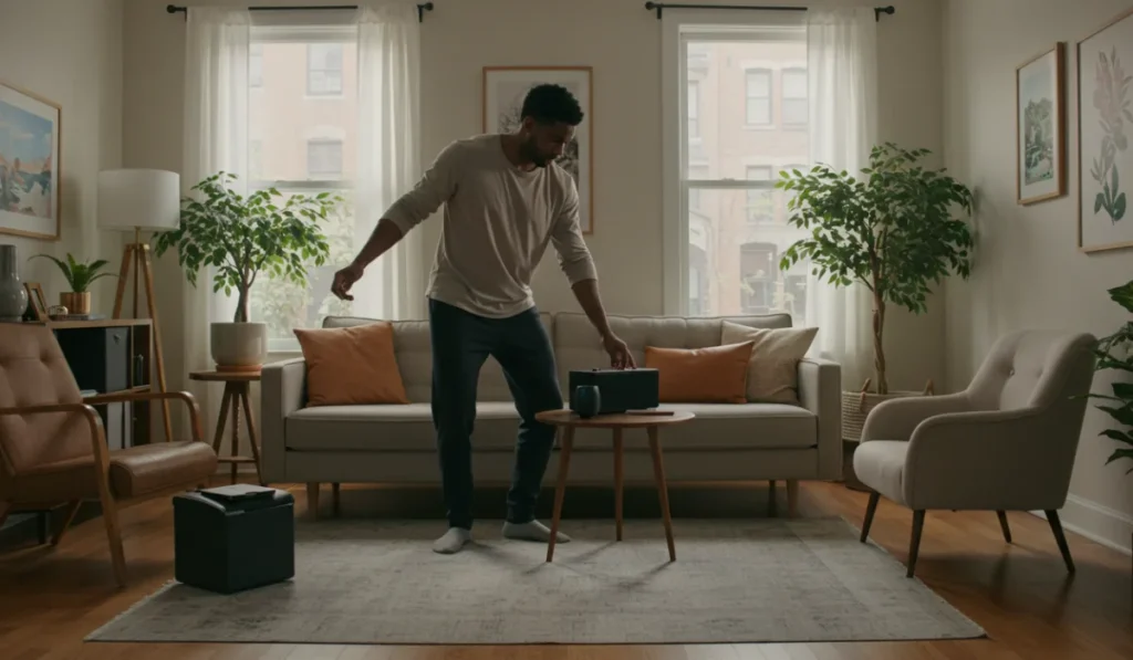 Man preparing dedicated dance space at home by clearing living room for creative movement and expression