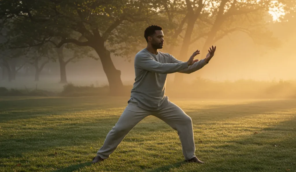 Man practicing tai chi morning exercise routine outdoors in peaceful garden setting for mental clarity