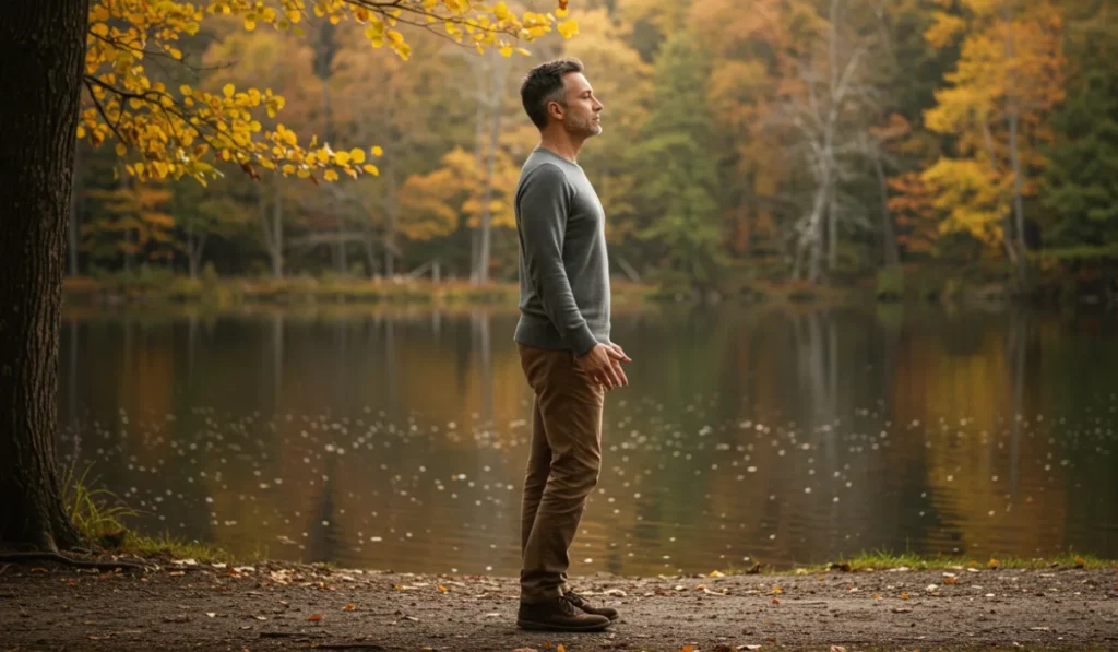 Man practicing mindful nature walking meditation by peaceful lake for wellness and mental clarity