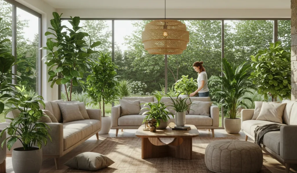 Natural elements and biophilic design integration in restful spaces bringing outdoors inside peacefully