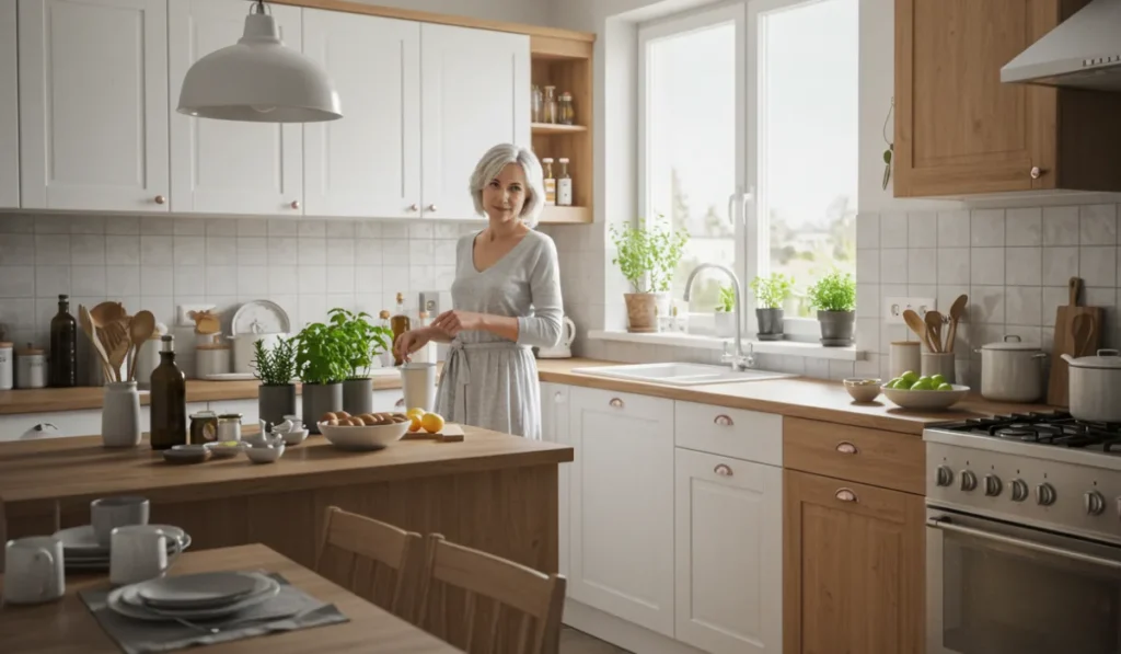Organized peaceful kitchen showcasing restful spaces design for mindful cooking and nourishment