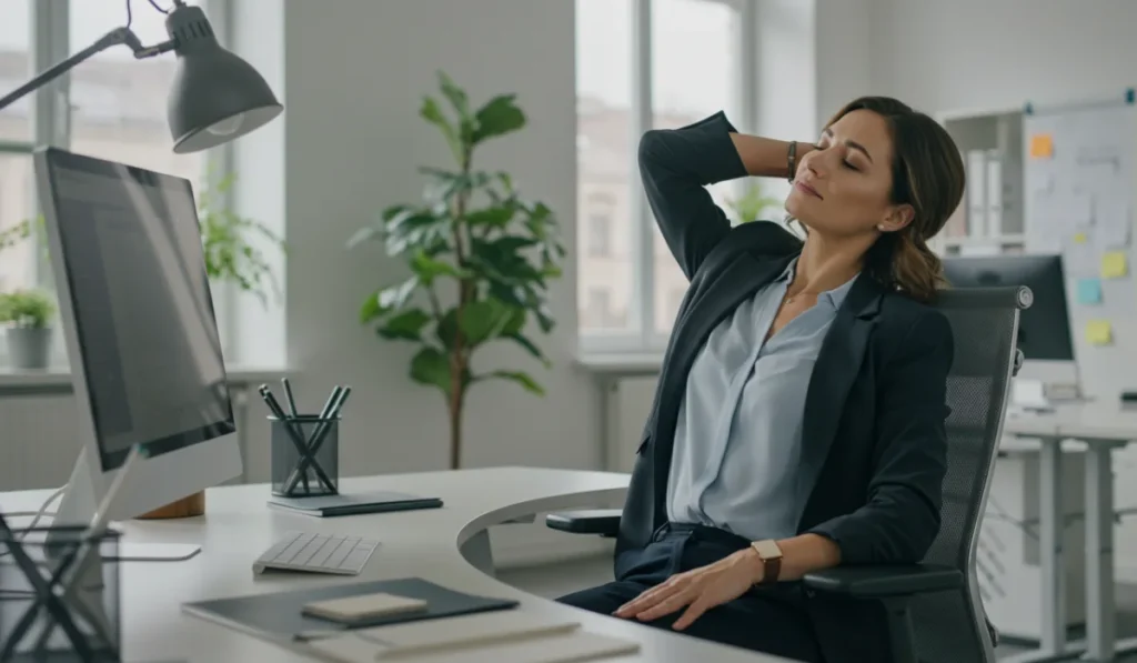 Professional woman performing desk stretches for neck relief in modern office workplace environment