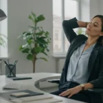 Professional woman performing desk stretches for neck relief in modern office workplace environment
