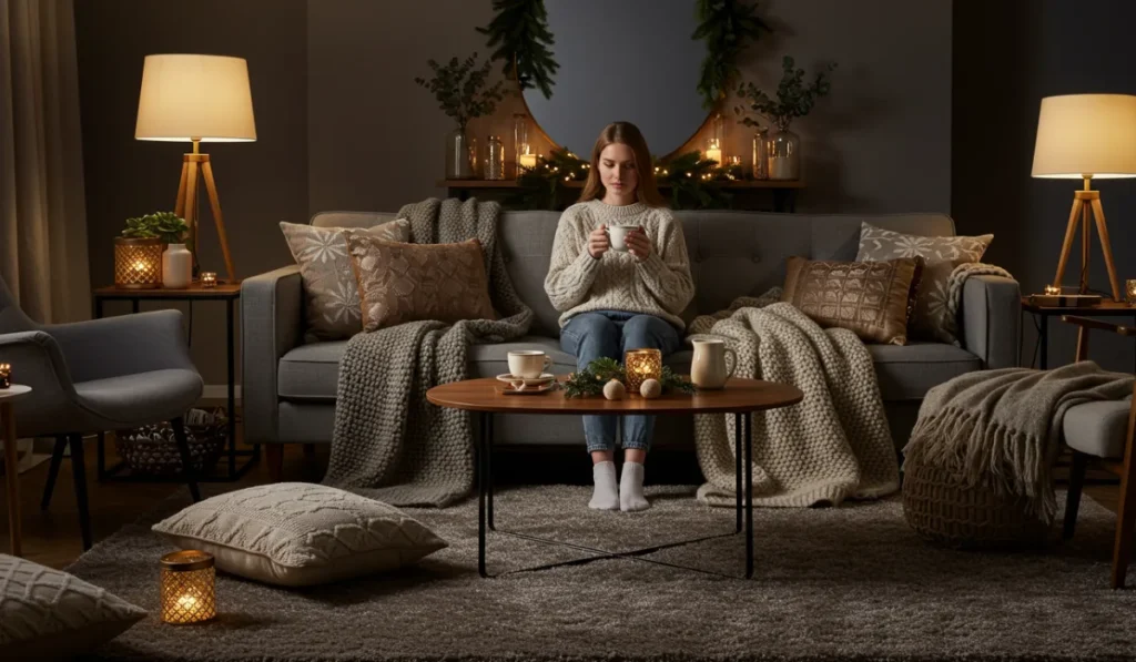 Seasonal winter adaptation of restful spaces with cozy textiles and warm lighting for year-round comfort