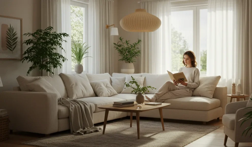 Serene minimalist living room showcasing restful spaces design with natural light and peaceful atmosphere