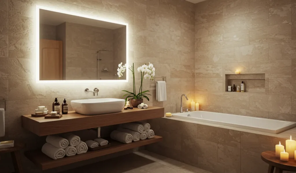 Spa-like bathroom designed as personal retreat sanctuary with restful spaces principles for relaxation