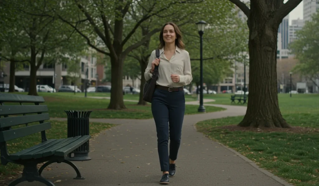 Professional woman enjoying accessible nature walk benefits in urban city park during workday