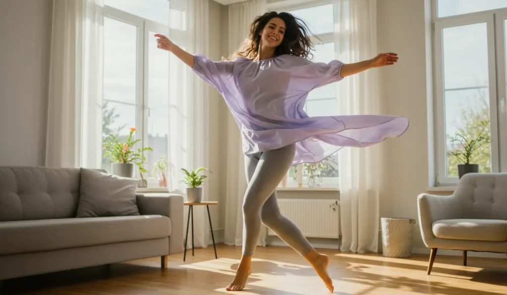 Woman dancing freely in bright living room expressing creative movement and joy through home dance practice