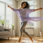 Woman dancing freely in bright living room expressing creative movement and joy through home dance practice
